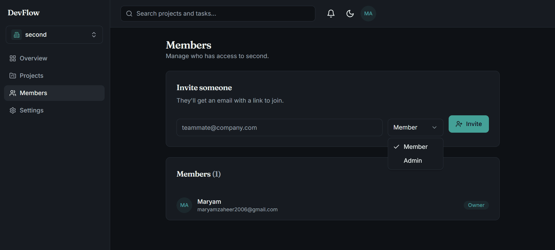 DevFlow invite a team member