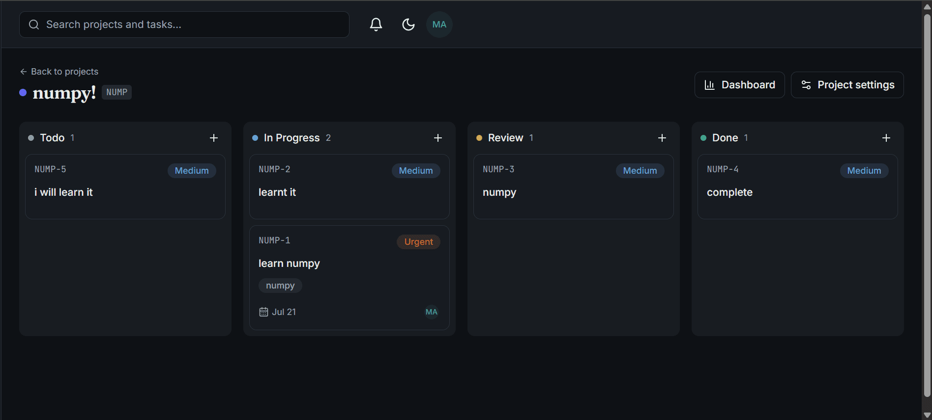 DevFlow Kanban board