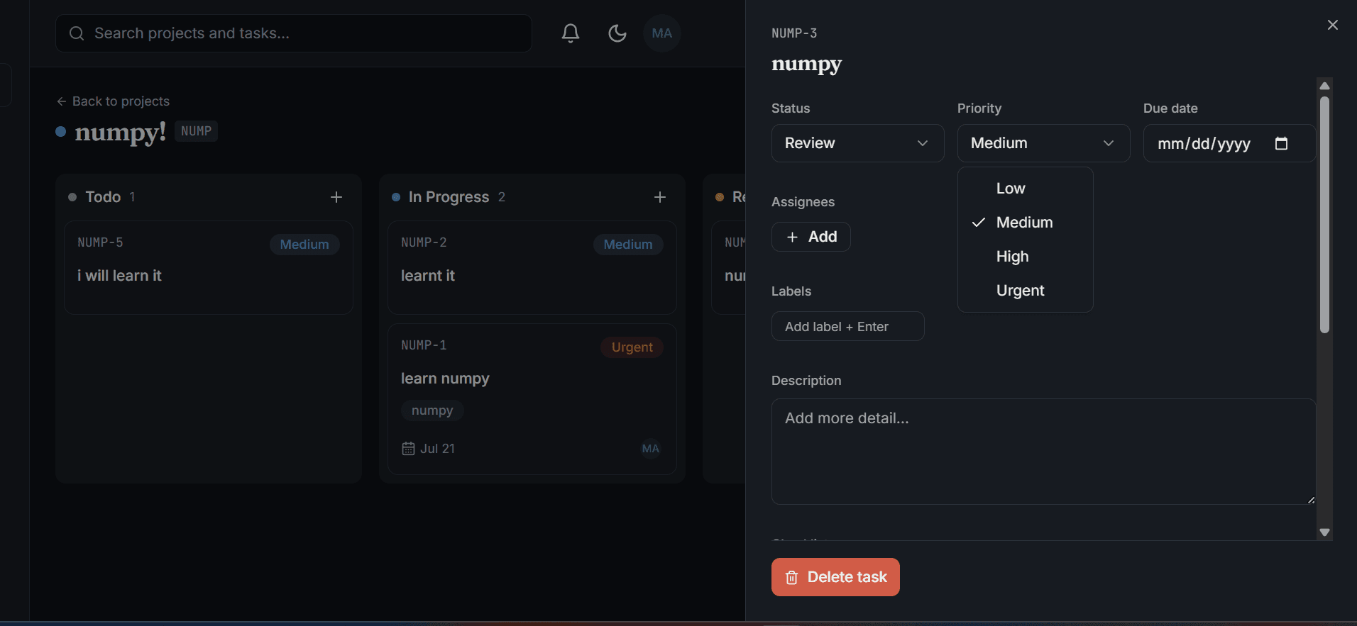 DevFlow task detail view