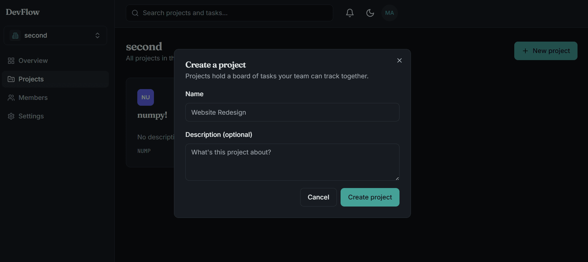 DevFlow workspace dashboard