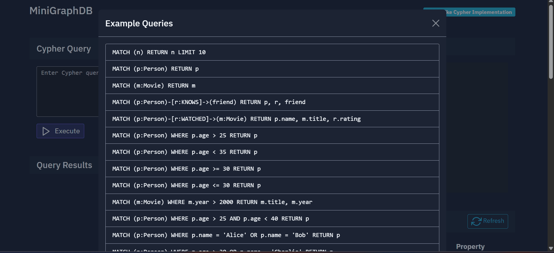 Example graph queries running against the engine